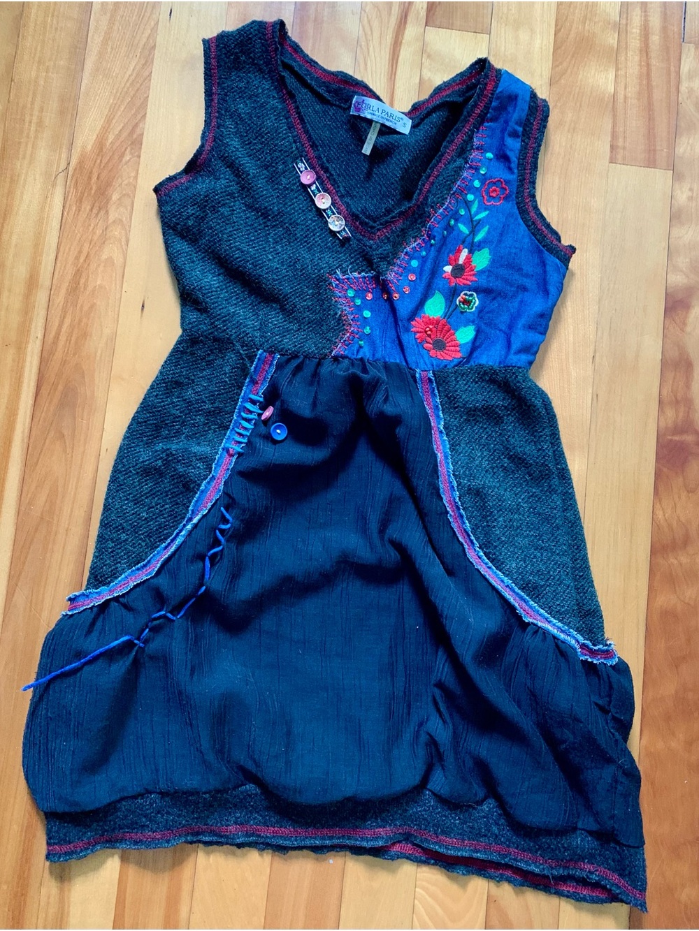 Forla Paris Vintage 90s Boho Embroidered Mixed-Fabric Casual Dress